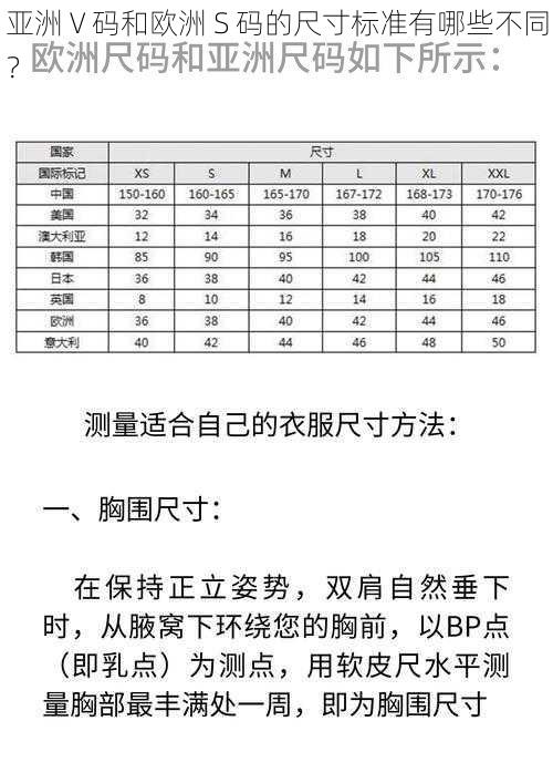 亚洲 V 码和欧洲 S 码的尺寸标准有哪些不同？