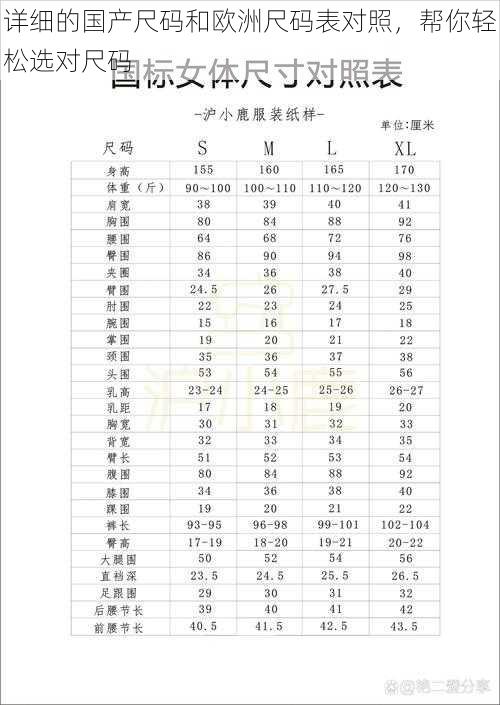 详细的国产尺码和欧洲尺码表对照，帮你轻松选对尺码